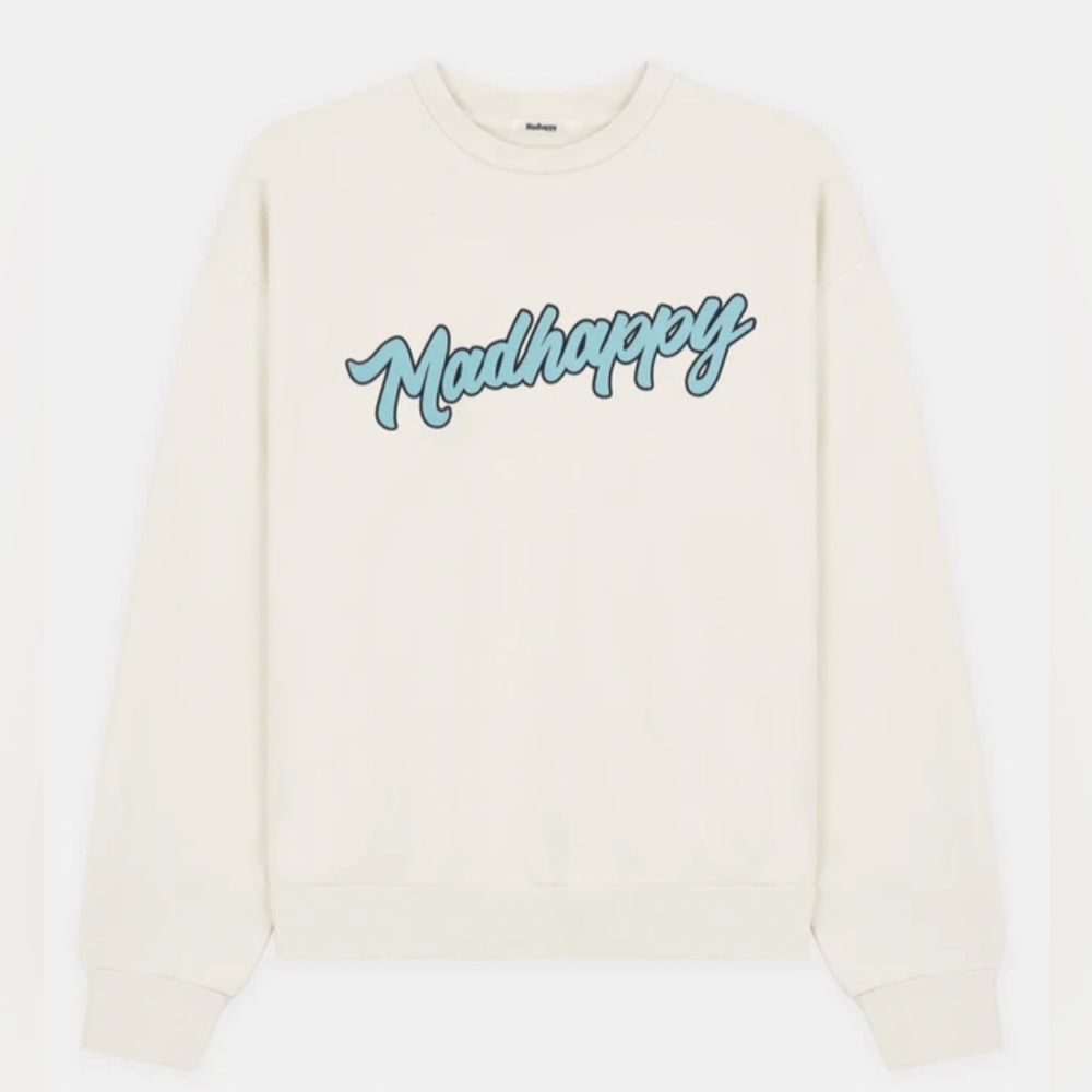 NWT Madhappy Off-White Fleece Crewneck with Turquoise Cursive Lettering Unisex